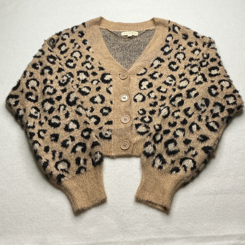LA Hearts Womens Tan Leopard Print Cropped Cardigan Sweater Size S Cotton Blend